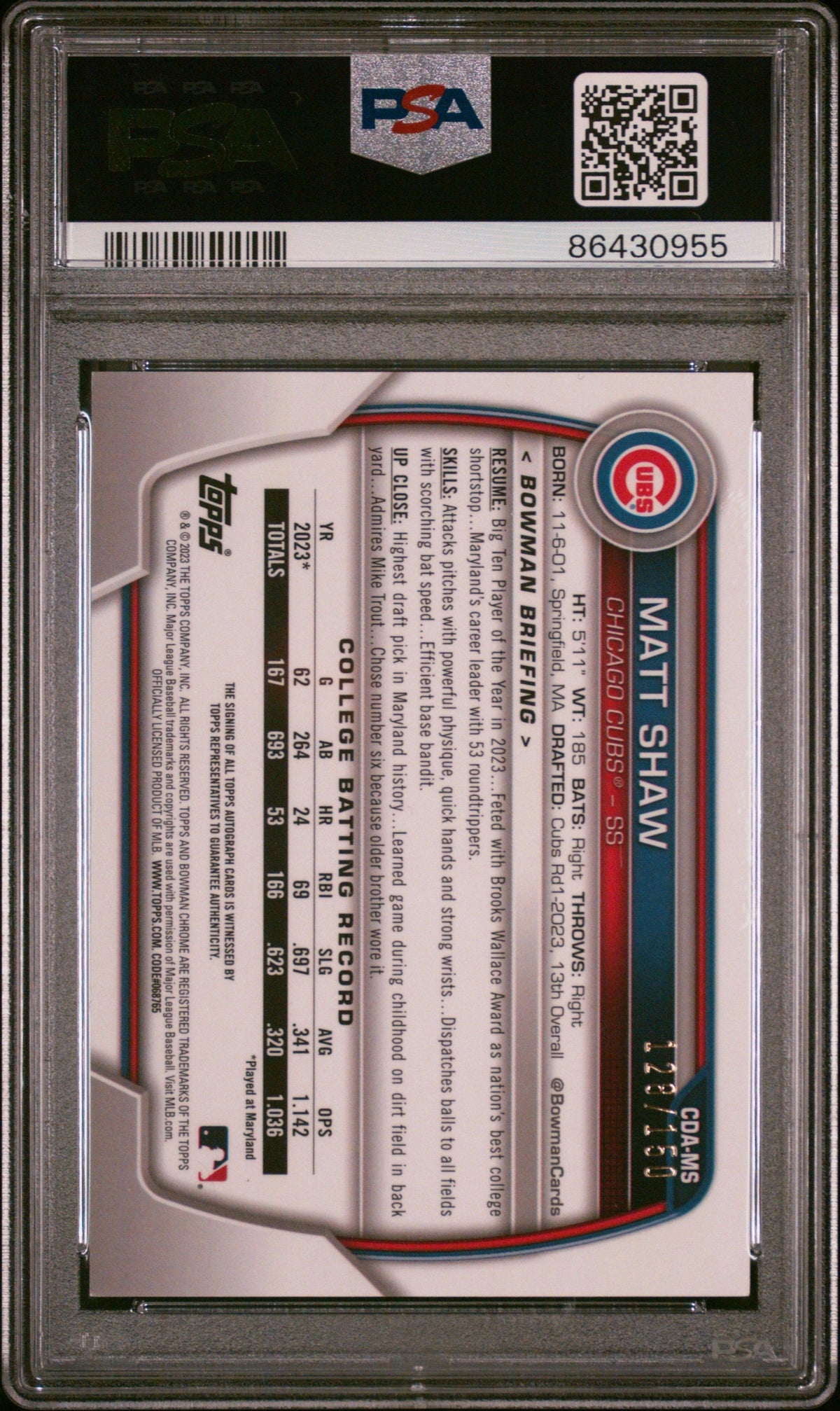 2023 Bowman Draft Chrome Prospect Auto Matt Shaw #Cdams Prspct Blue Wave PSA