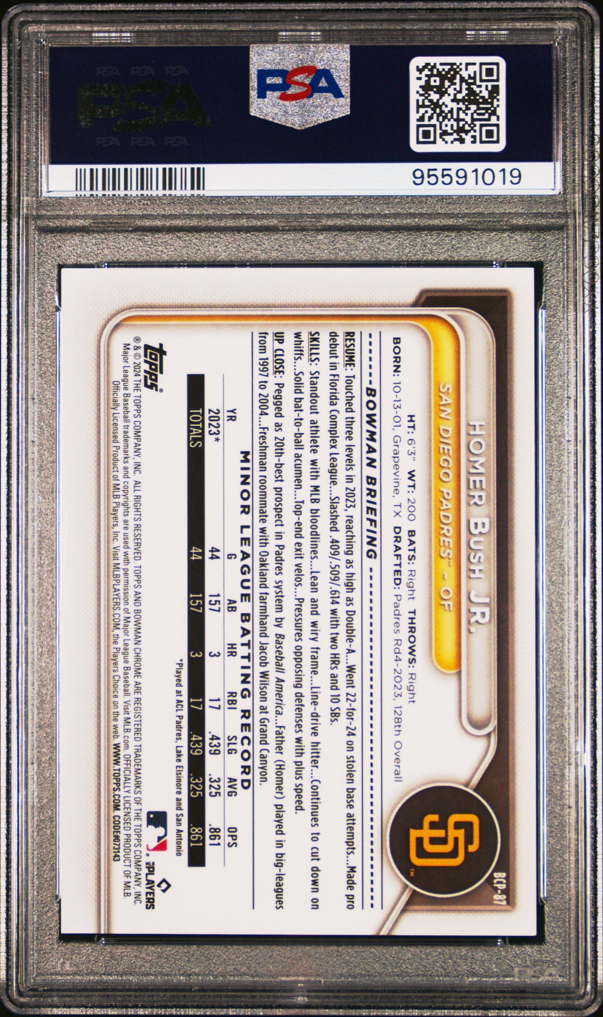2024 Bowman Sapphire Edition Chrome Homer Bush Jr. #Bcp87 Pad 1/1 PSA 10