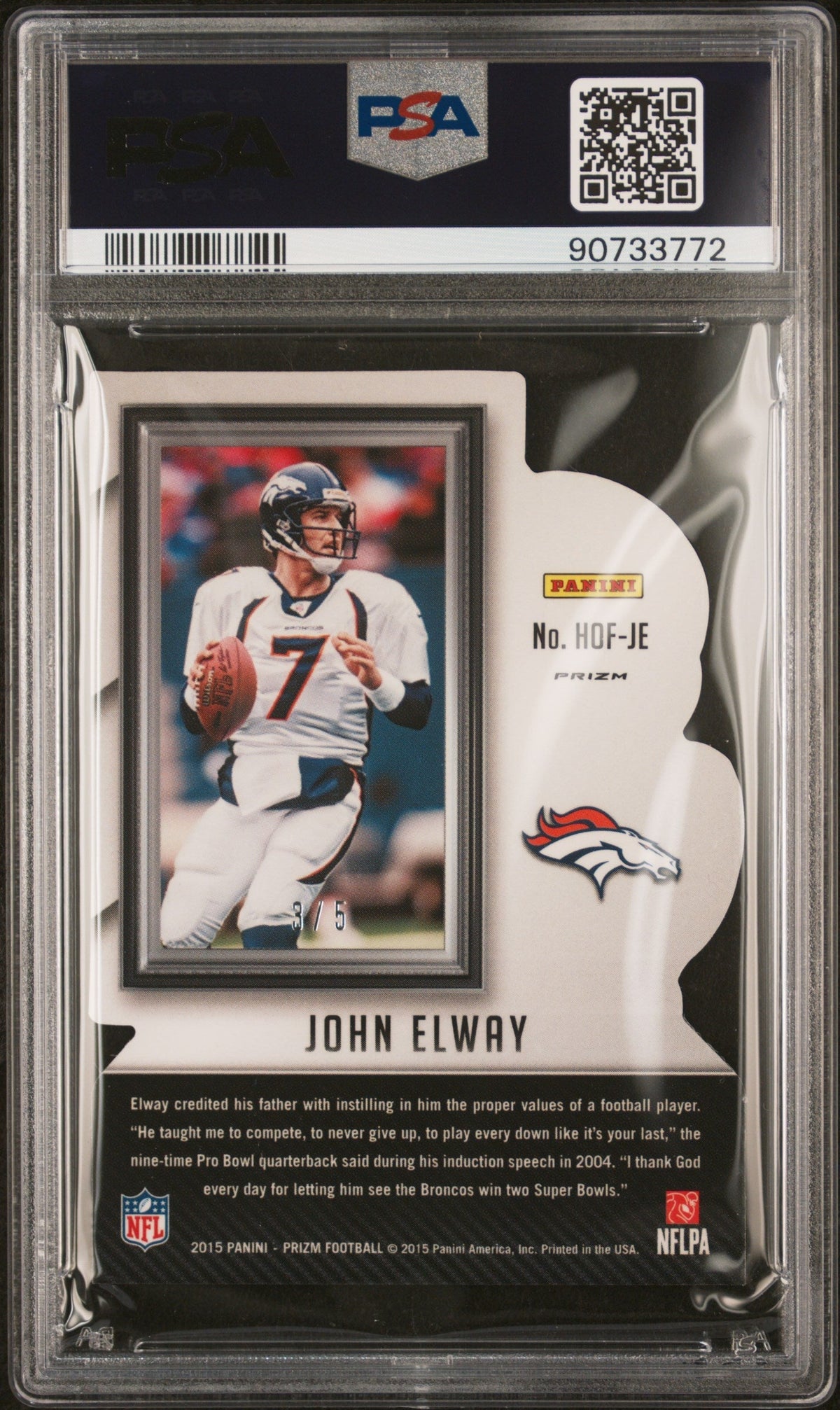 2015 Panini Prizm Hall Of Fame John Elway #Hofje Gold Vinyl PSA 9