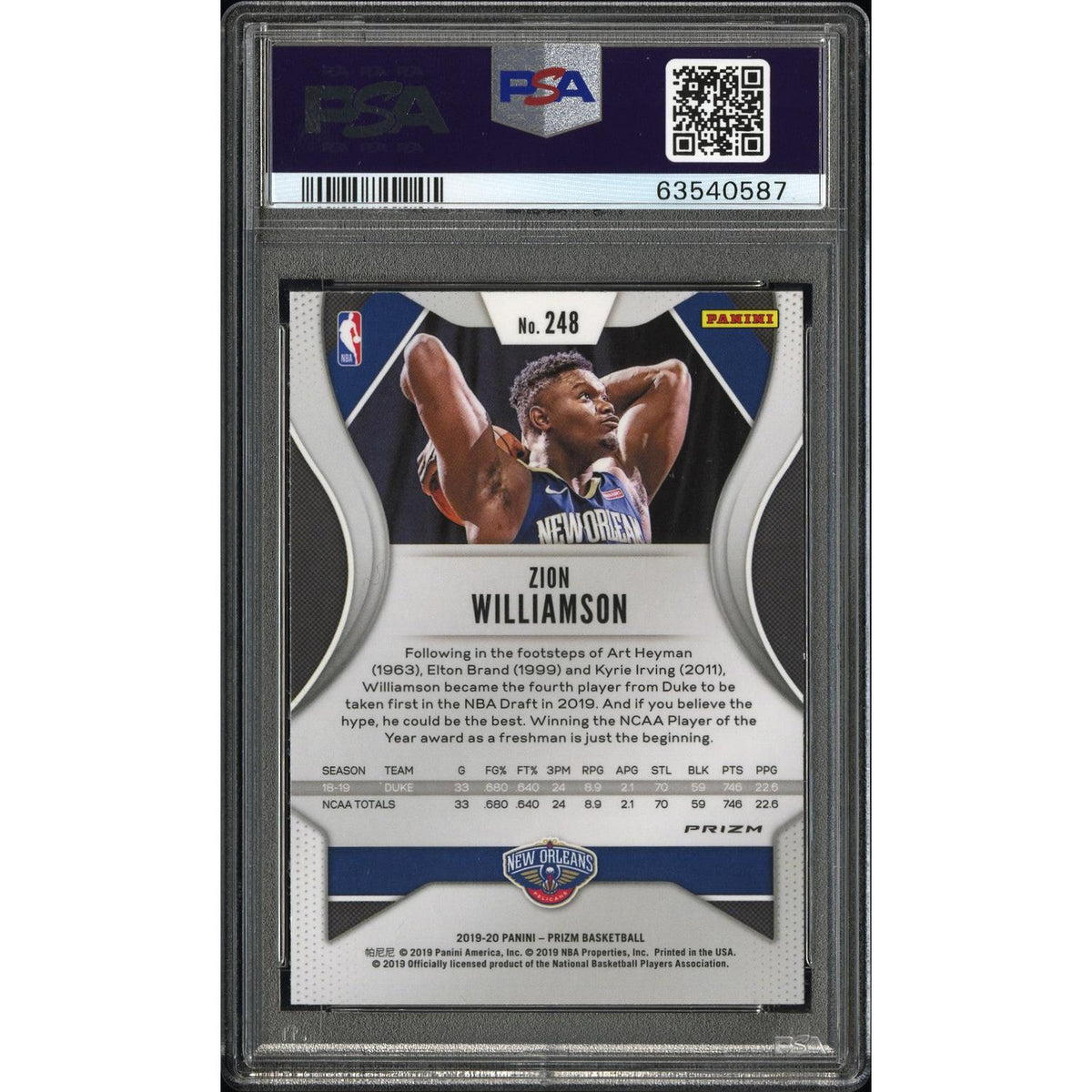 2019 Panini Prizm Zion Williamson #248 Silver PSA 10