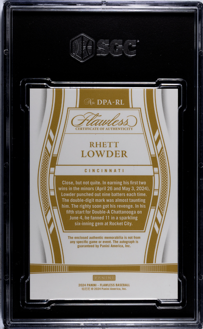 2024 Panini Flawless Rhett Lowder #Dpa-Rl Draft Patch Auto Gold Sgc 9 Auto 10