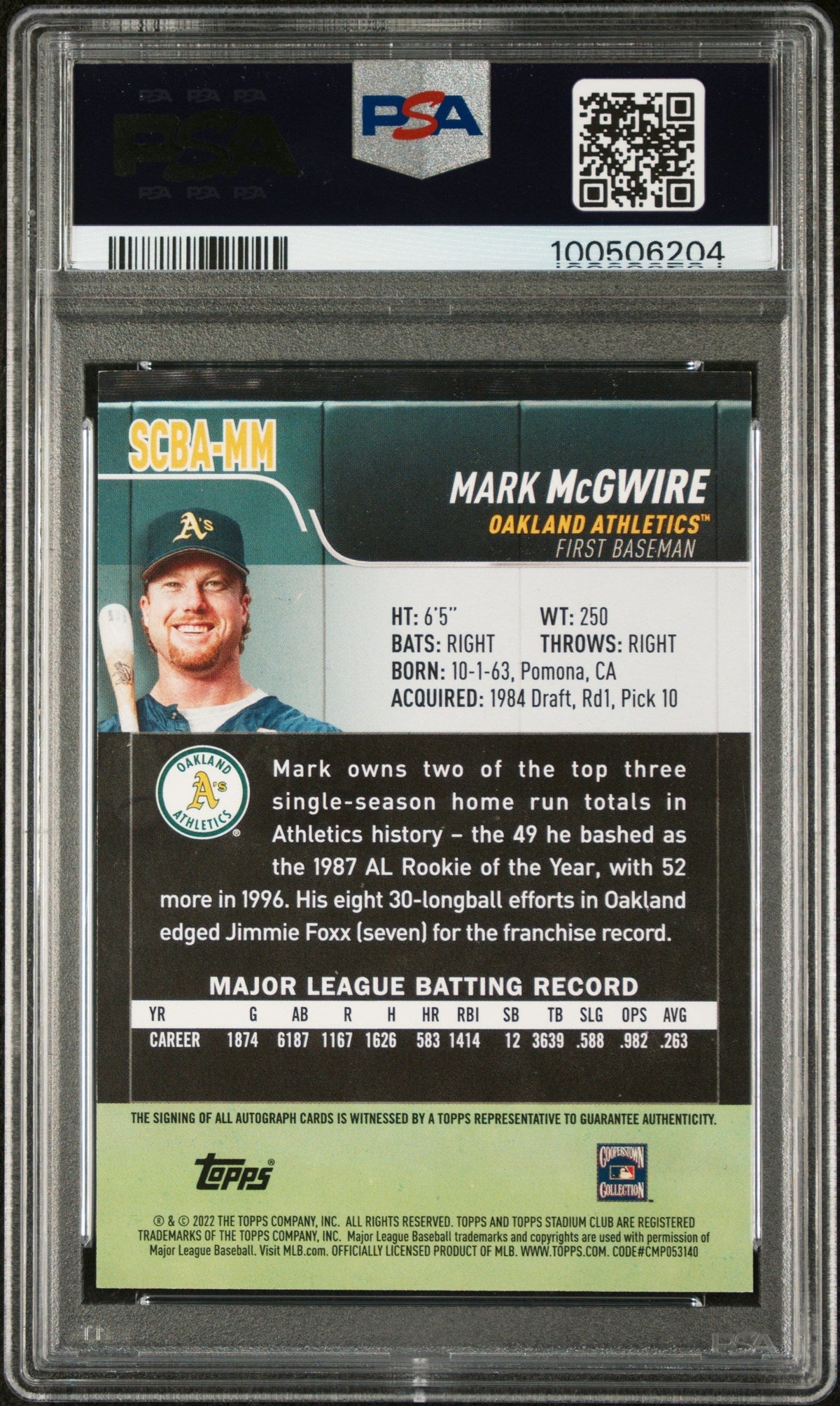 2022 Topps Stadium Club Base Autographs Mark Mcgwire #Scbamm PSA 9