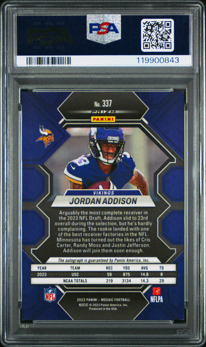 2023 Panini Mosaic Jordan Addison #337 Autograph PSA 8