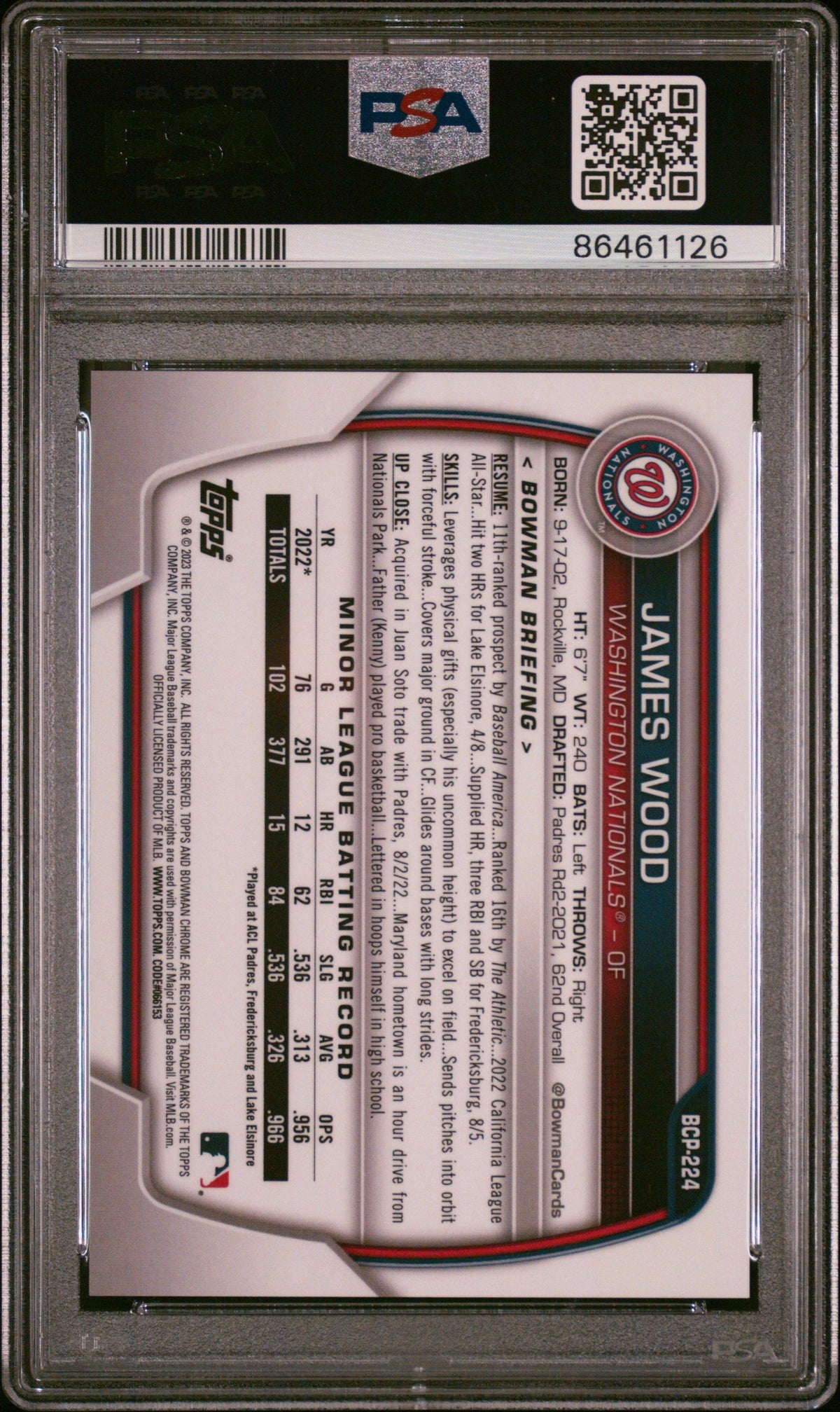 2023 Bowman Chrome Sapphire Prospects James Wood #224 Orange 40/75 PSA 10