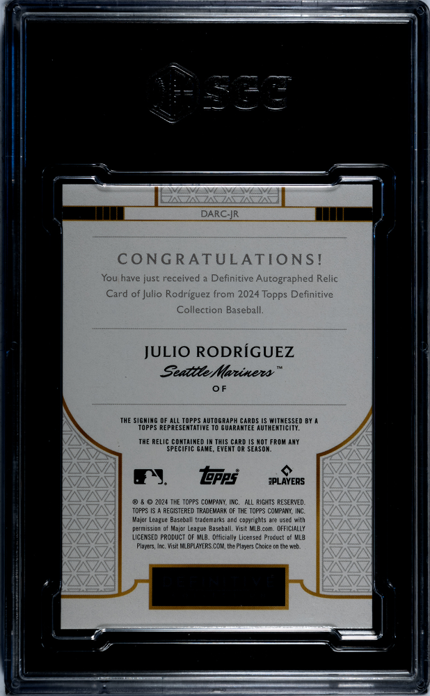2024 Topps Definitive Julio Rodriguez #Darc-Jr Auto Relic Sgc 9 Auto 10