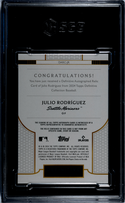 2024 Topps Definitive Julio Rodriguez #Darc-Jr Auto Relic Sgc 9 Auto 10