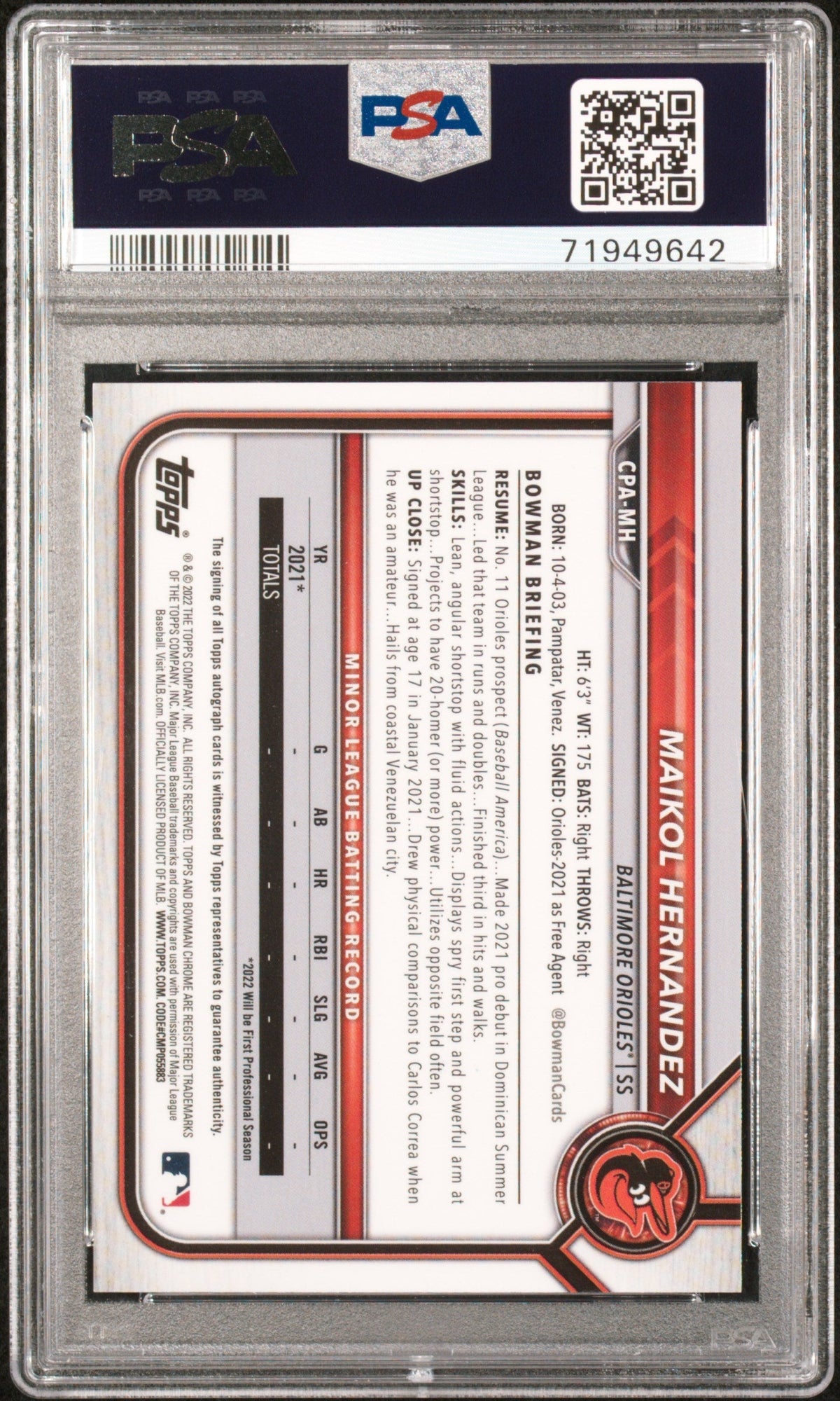 2022 Bowman Prospect Auto Maikol Hernandez Au Orange Wave Refractor /25 PSA