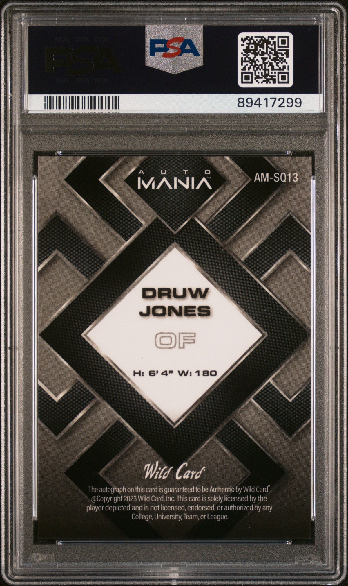 2023 Wild Card Auto Mania Auto Druw Jones #Amsq13 Sqr Red 1/10 PSA 10