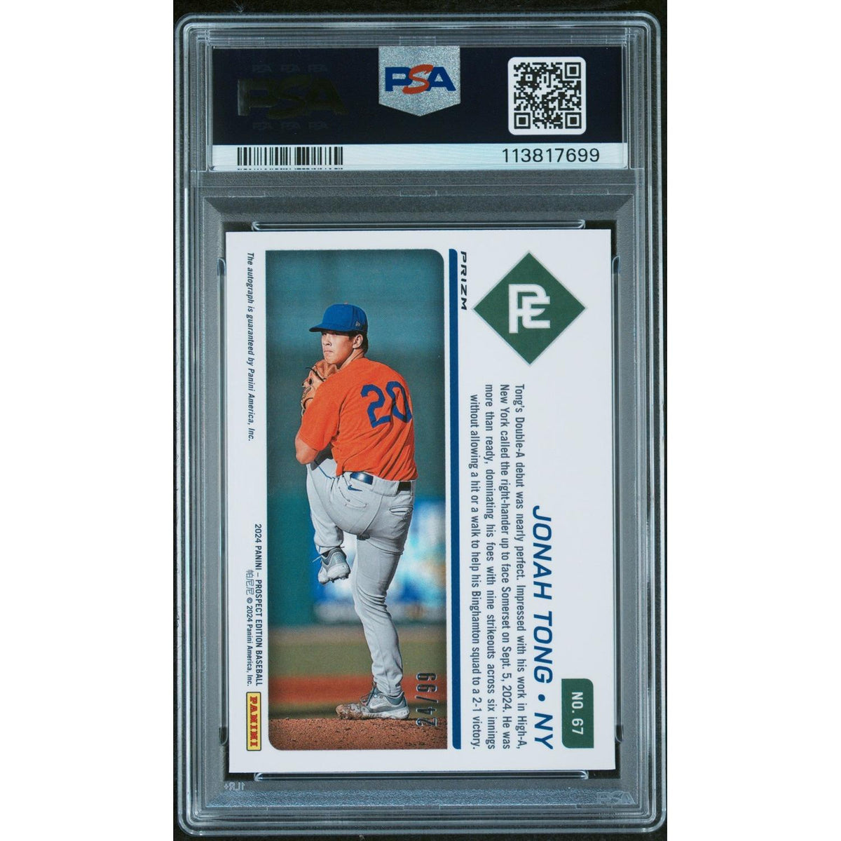 2024 Panini Prospect Ed Ticket Jonah Tong #67 Prs Tkt Sig Red Power PSA 10