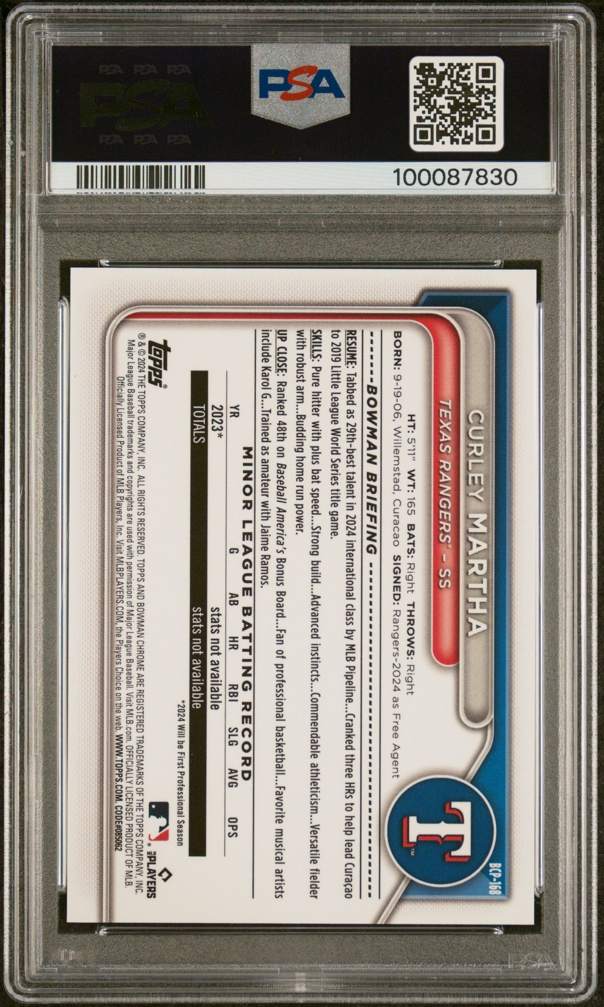 2024 Bowman Chrome Prospects Curley Martha #Bcp168 Red Refractor 1/5 PSA 10