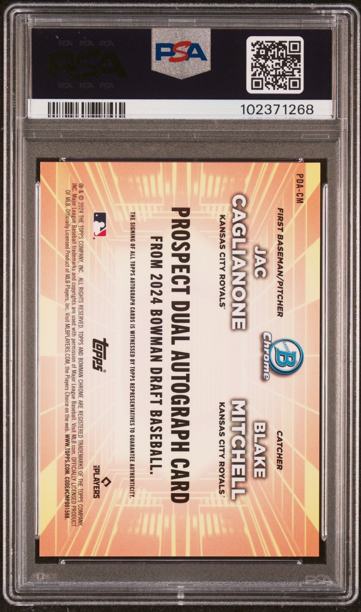 2024 Bowman Draft Prospect Dual Autographs Mitchell Caglianone #Pdacm /99 PSA 9