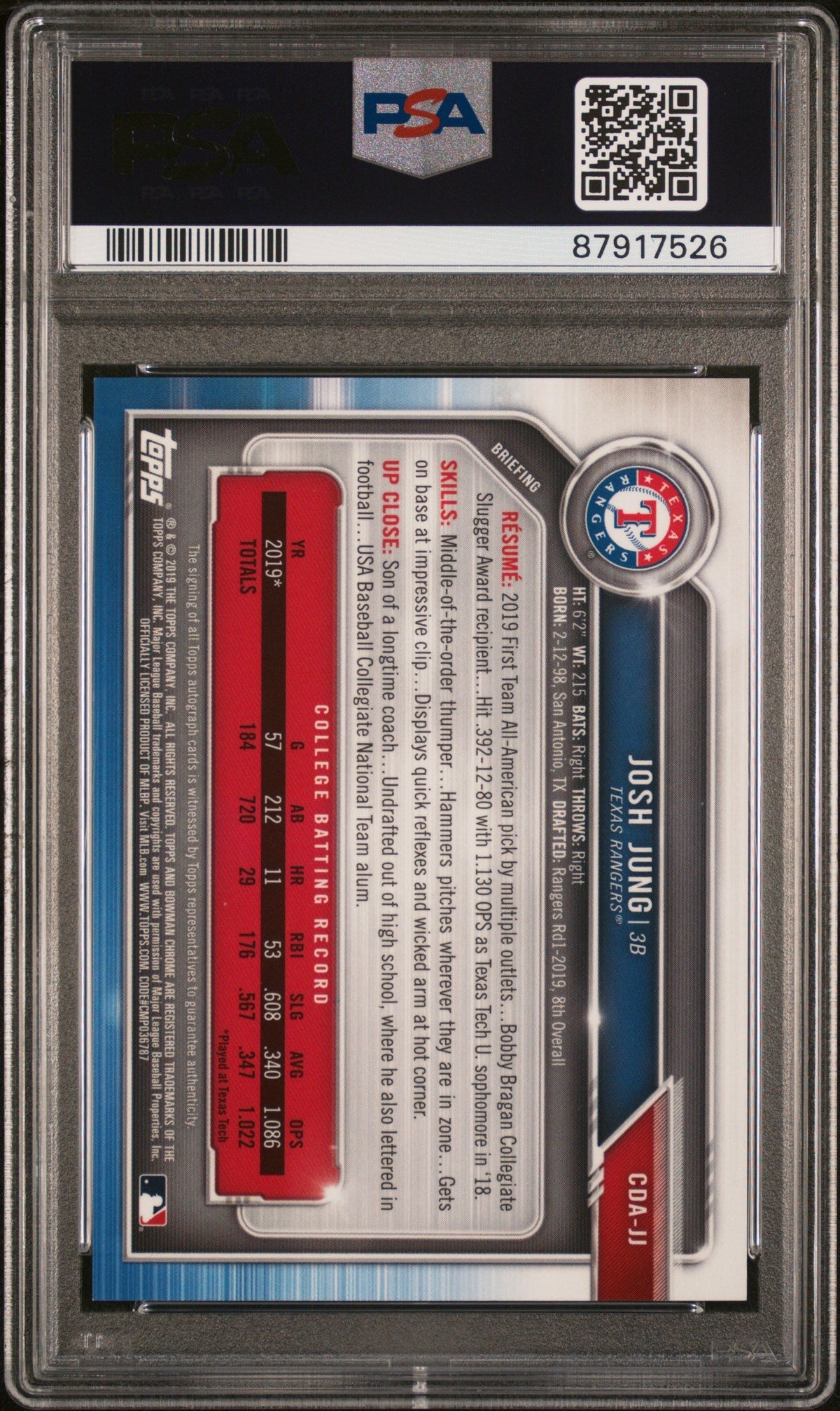 2019 Bowman Draft Chrome Auto Josh Jung #Cdajj Chr. Dp Purple 031/250 PSA 9