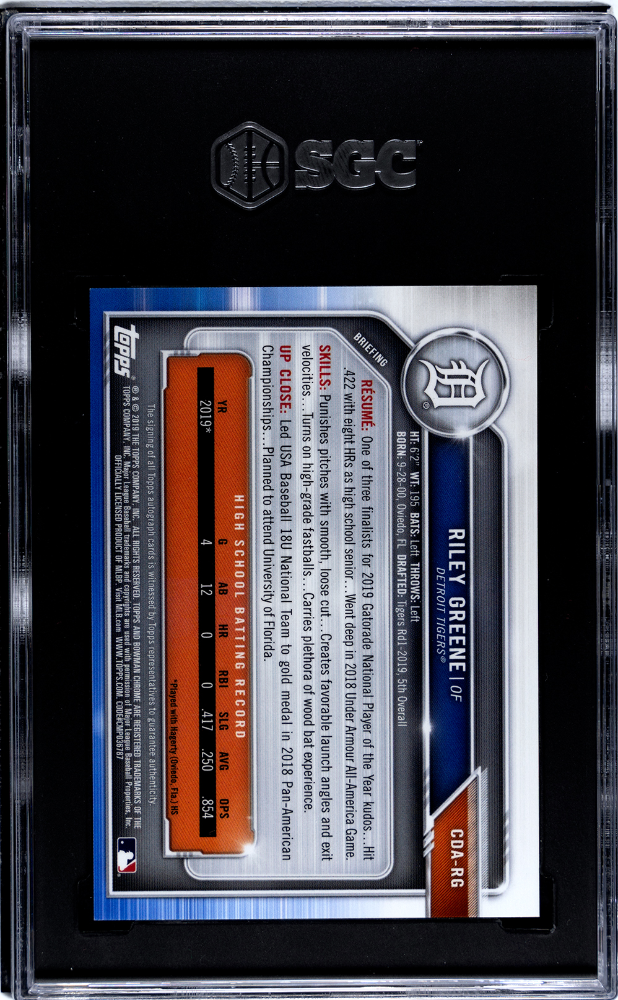 2019 Bowman Chrome Draft Riley Greene #Cda-Rg Green Refractor Sgc 9.5 Auto 10