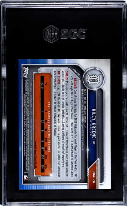 2019 Bowman Chrome Draft Riley Greene #Cda-Rg Green Refractor Sgc 9.5 Auto 10