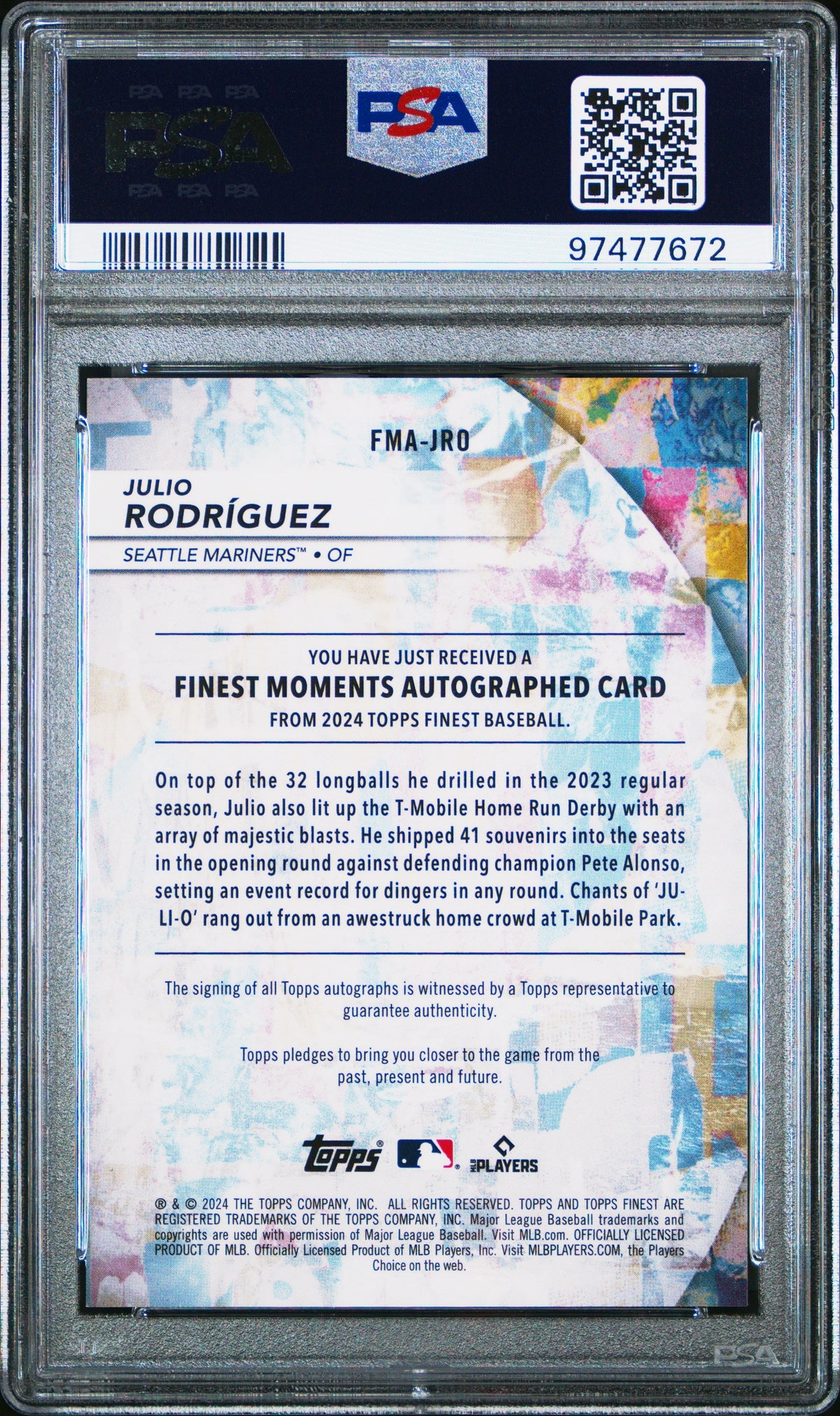 2024 Topps Finest Moments Auto Julio Rodriguez #Fmajro Orange Ref 18/25 PSA 10