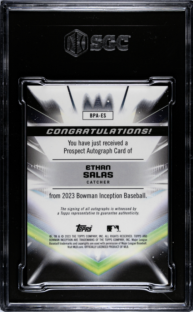 2023 Bowman Inception Ethan Salas #Bpa-Es Prospect Autograph Fuchsia Foil Sgc 10