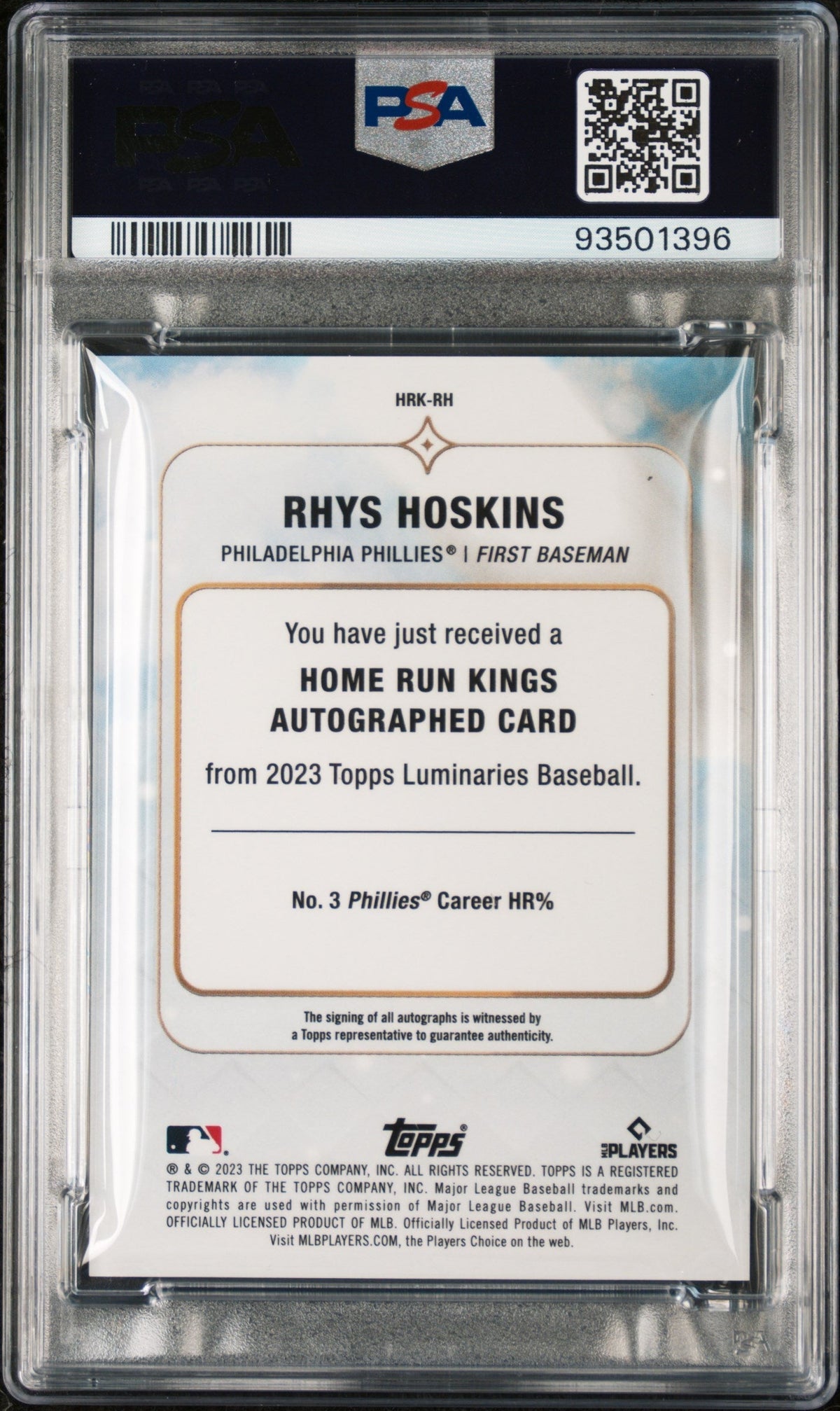 2023 Topps Luminaries Home Run Kings Autog Rhys Hoskins Red /10 PSA 10