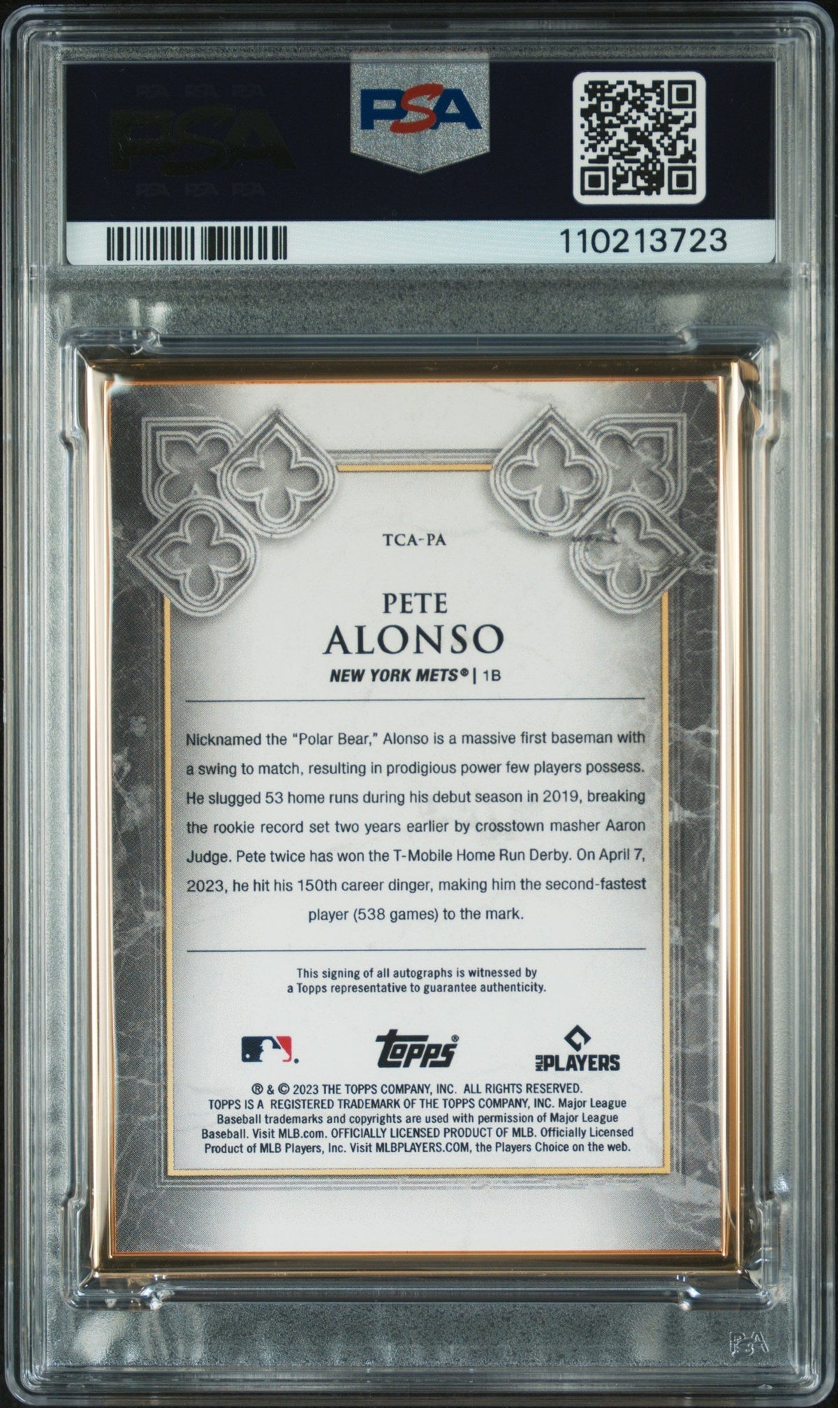 2023 Topps Transcendent Collection Gold Frame Pete Alonso #Pa /20 PSA 10 Auto 10