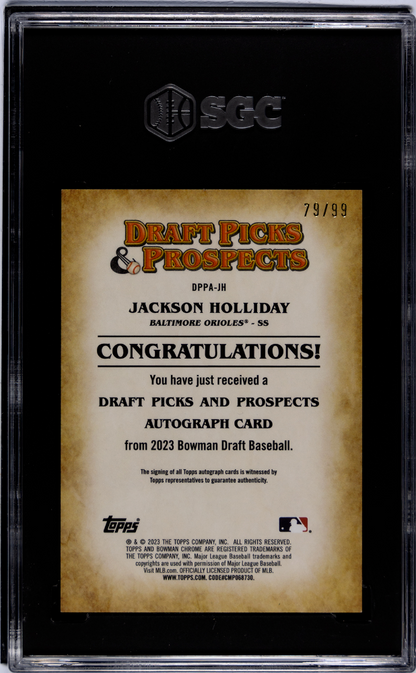 2023 Bowman Draft Jackson Holliday #Dppa-Jh Dp&P Autograph Sgc 9.5