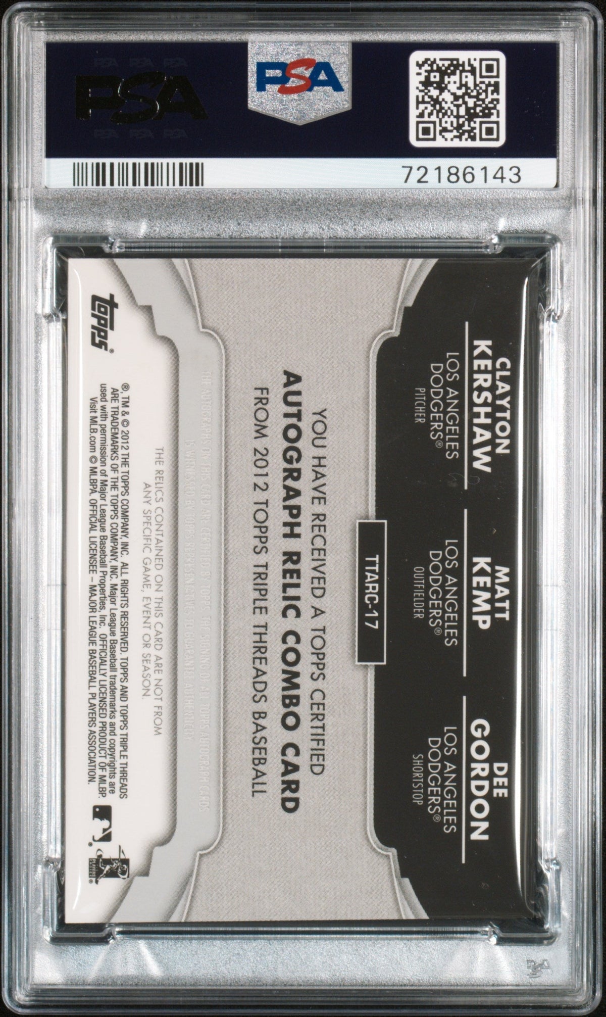 2012 Topps Triple Threads Autograph Relic Gordon Kemp Kershaw #17 /36 PSA 9
