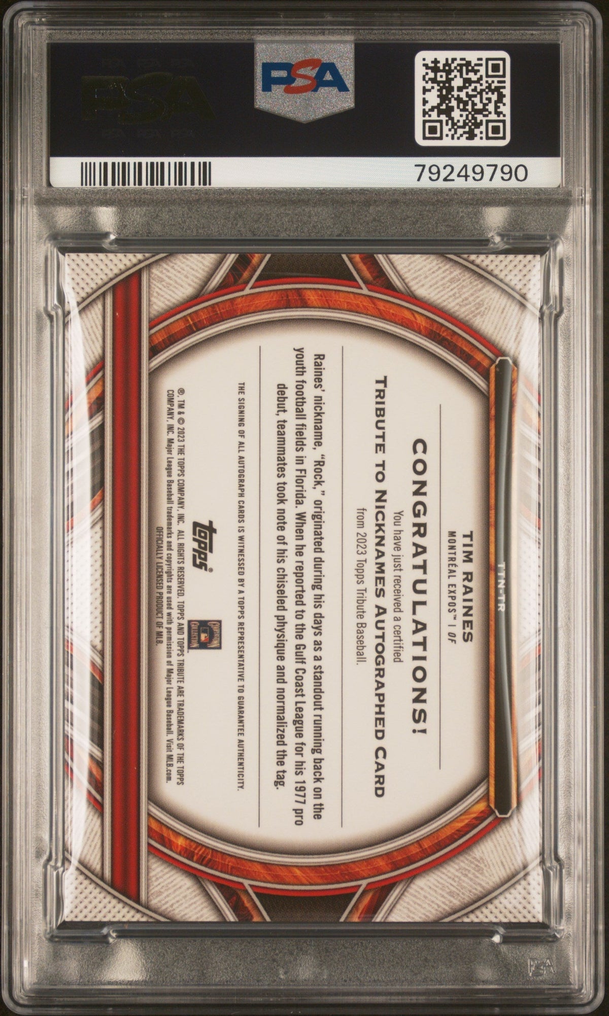 2023 Topps Tribute Tribute To Nicknames Autograph Tim Raines #Ttntr PSA Auto 10