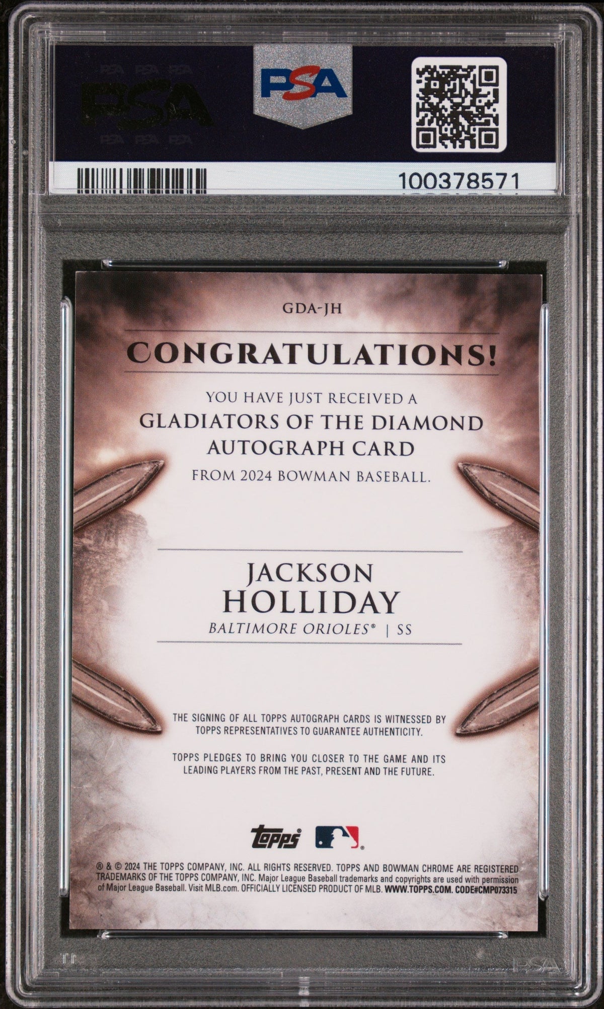 2024 Bowman Gladiators Of The Diamond Auto Jackson Holliday #Gdajh 99/99 PSA 8