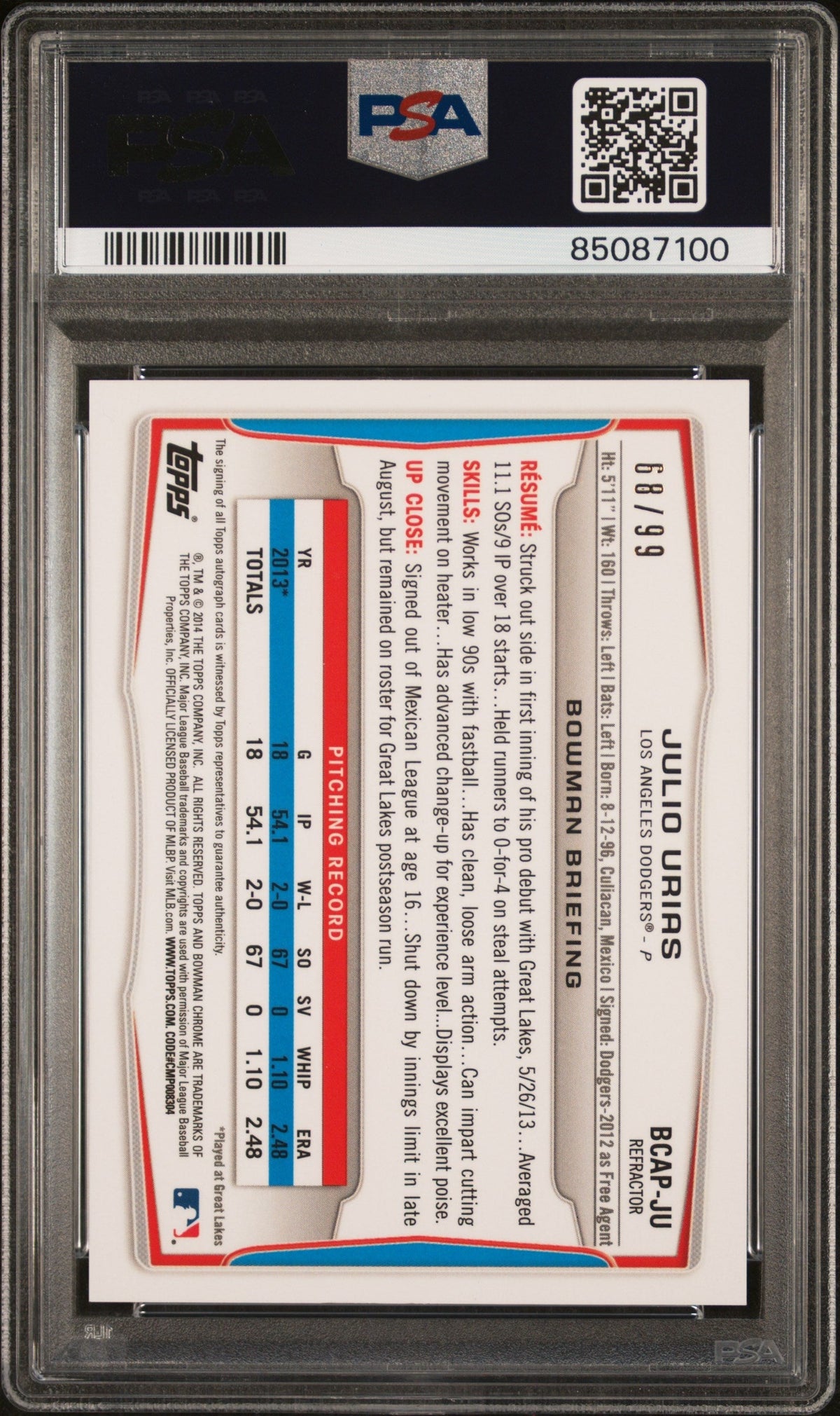 2014 Bowman Chrome Auto Prospects Julio Urias #Ju Auto Black Refractor PSA