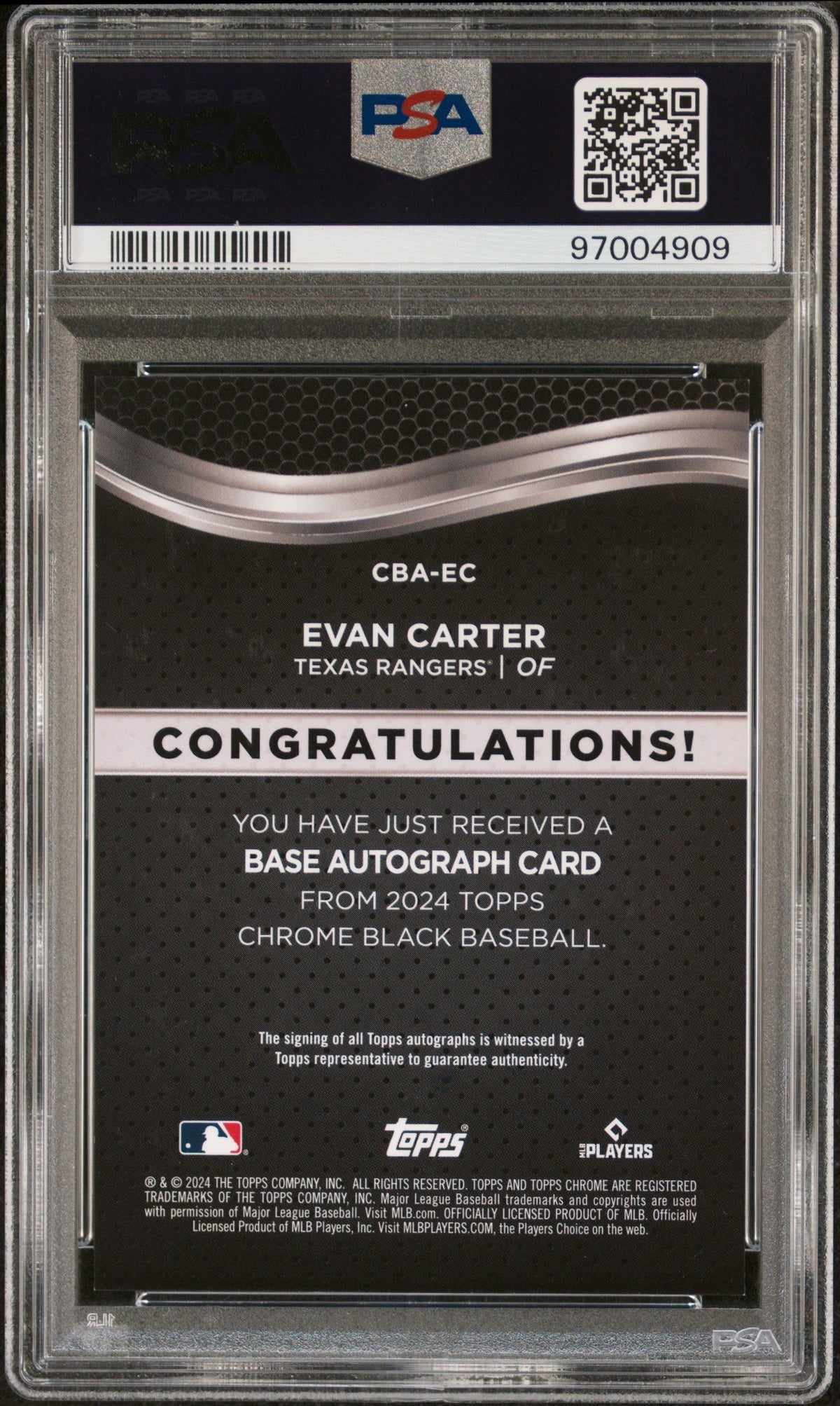 2024 Topps Chrome Black Autographs Evan Carter #Ec Gold Refractor 02/50 PSA 9