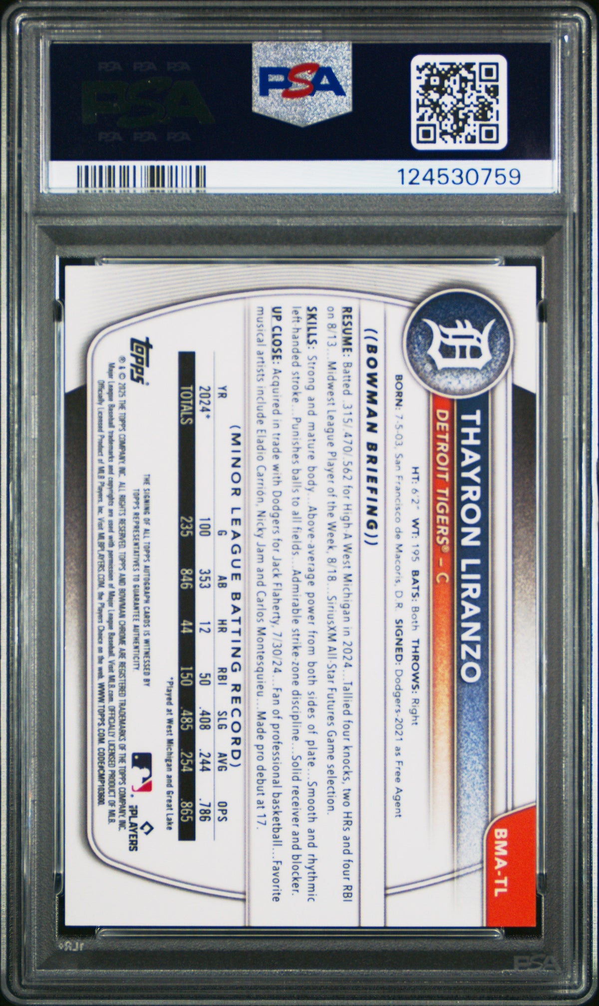 2025 Bowman Mega Bowman Prospect Mega Auto Thayron Liranzo Gold Ref 02/50 PSA 9