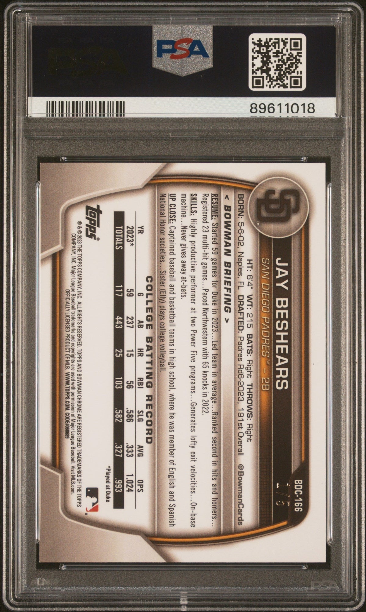 2023 Bowman Draft Sapphire Edition Jay Beshears #Bdc166 Red PSA 10