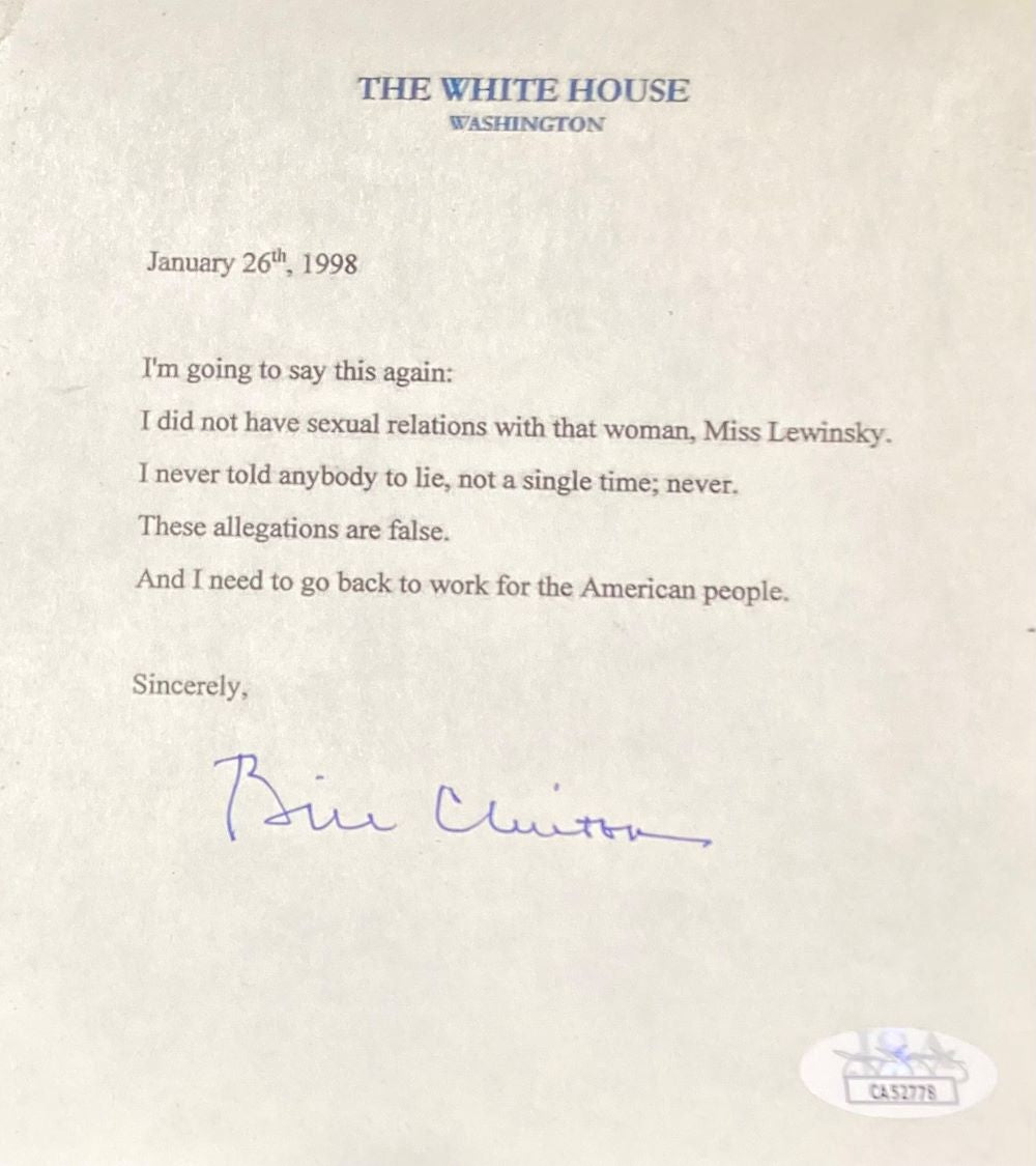 Bill Clinton Signed 5x6 White House Statement Letter Monica Lewinsky JSA
