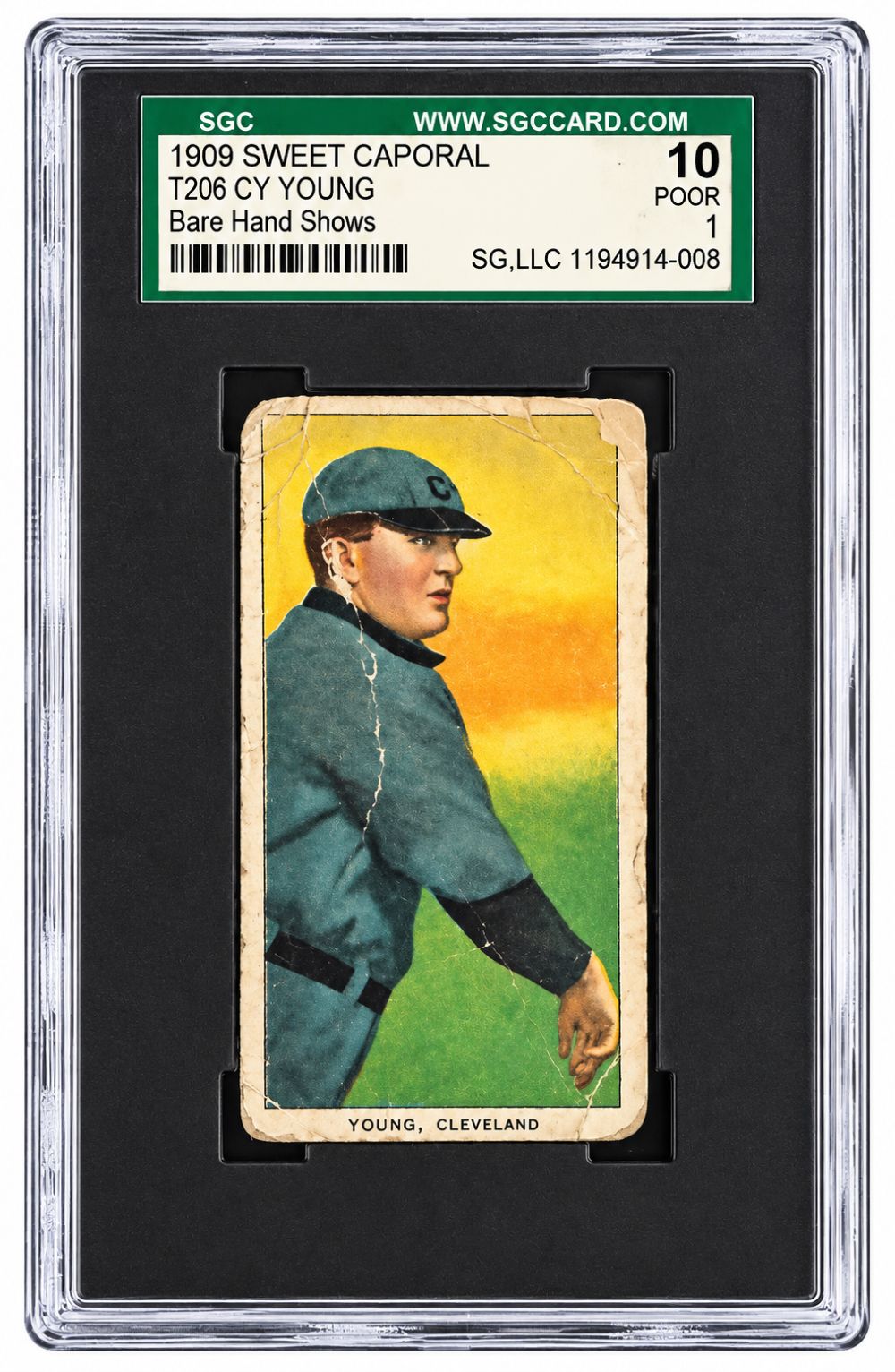 1909 Sweet Caporal T206 Bare Hand Shows Cy Young Trading Card SGC 1