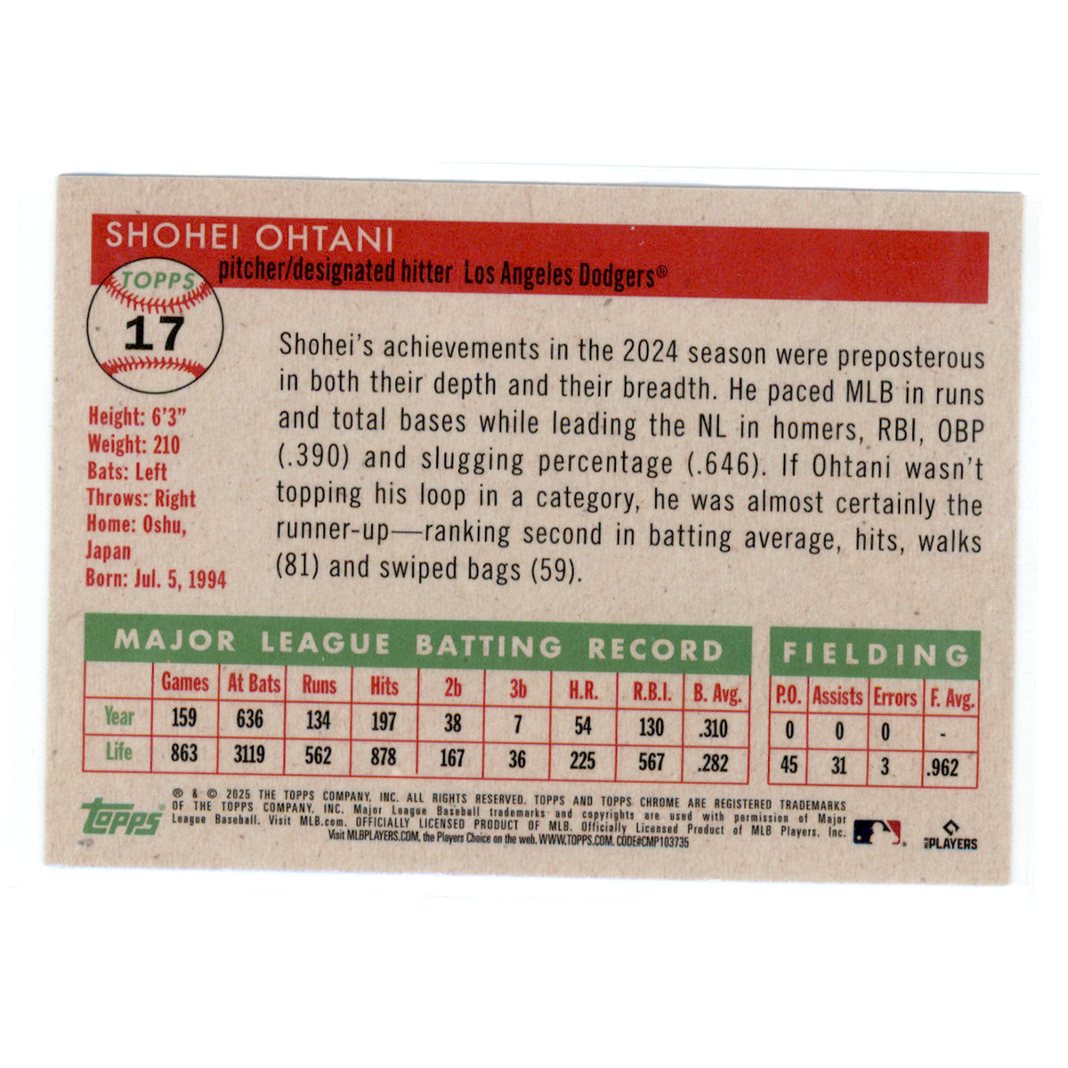 2025 Topps Chrome Platinum Shohei Ohtani #17 Green /99