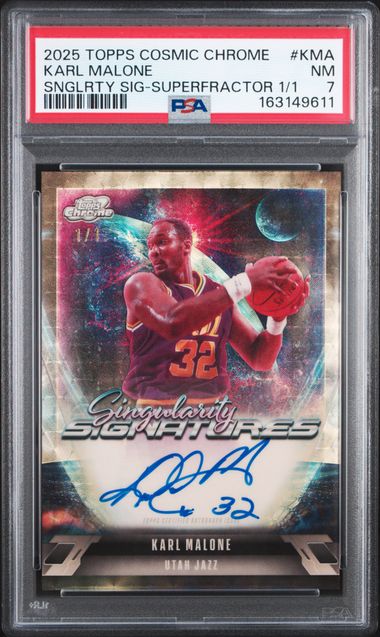 Karl Malone 2025 Topps Cosmic Chrome Singularity Signatures Superfractor #'D 1/1 PSA 7