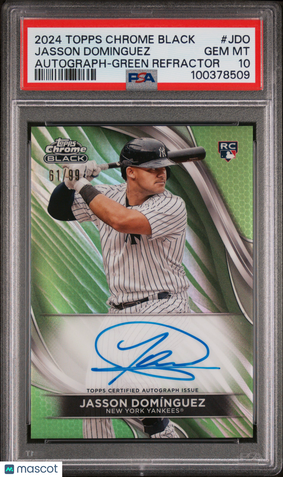 2024 Topps Chrome Black Auto Jasson Dominguez #Jdo Green Refractor 61/99 PSA 10