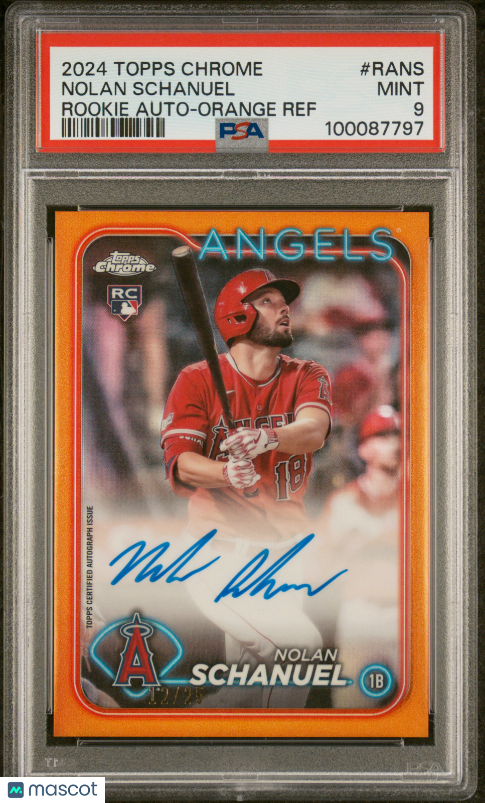 2024 Topps Chrome Rookie Autographs Nolan Schanuel #Rans Orange Ref 12/25 PSA 9