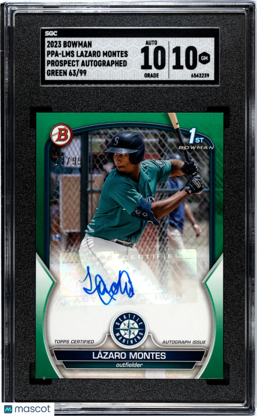 2023 Bowman Lazaro Montes #Ppa-Lms Pros. Autograph Green Sgc 10 Auto 10 /99