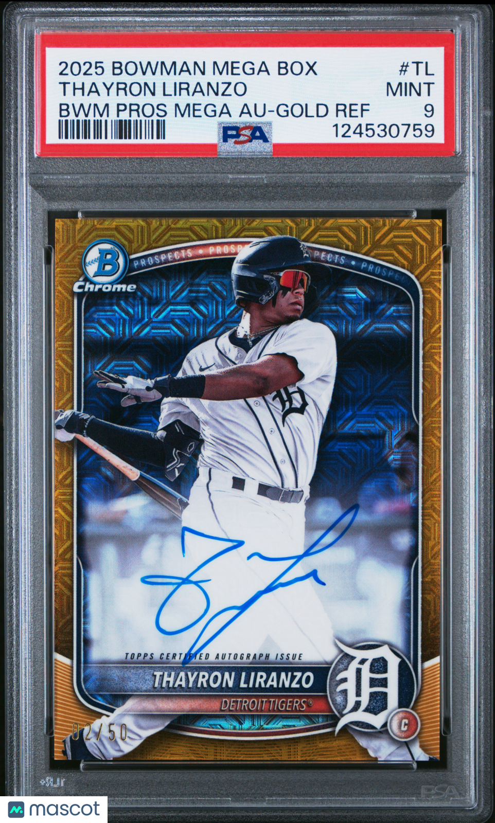 2025 Bowman Mega Bowman Prospect Mega Auto Thayron Liranzo Gold Ref 02/50 PSA 9