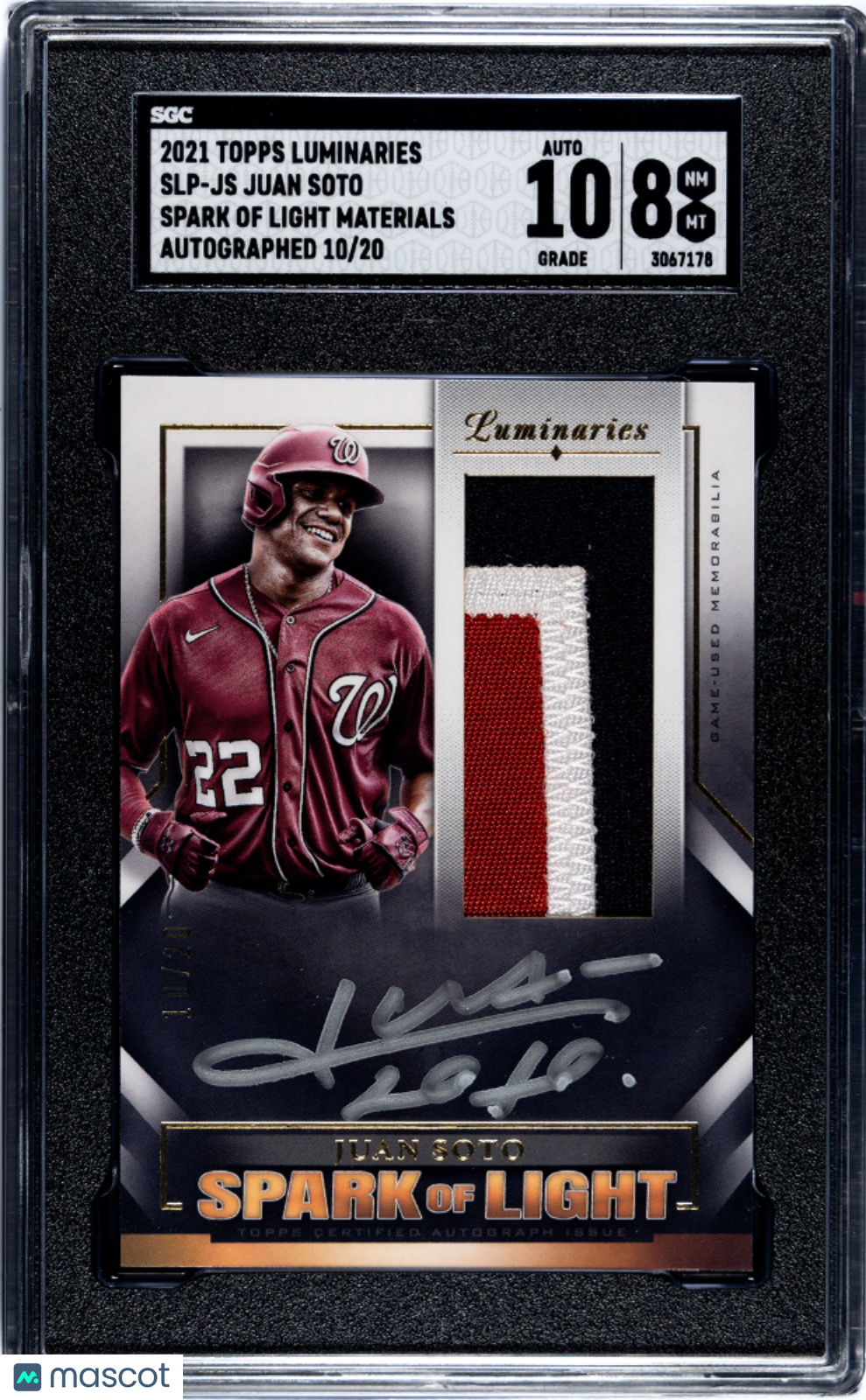 2021 Topps Luminaries Juan Soto #Slp-Js Spark Of Light Mat. Auto Sgc 8 Auto 10