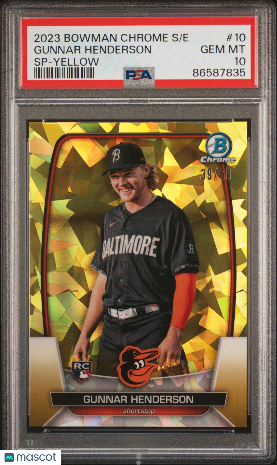 2023 Bowman Chrome Sapphire Edition Gunnar Henderson #10 Sp Yellow 39/50 PSA 10