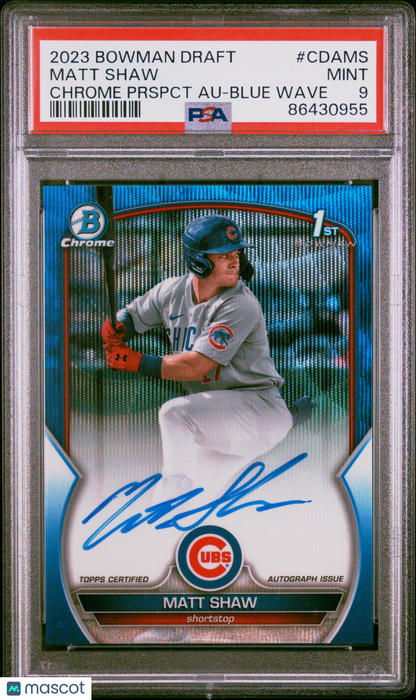 2023 Bowman Draft Chrome Prospect Auto Matt Shaw #Cdams Prspct Blue Wave PSA