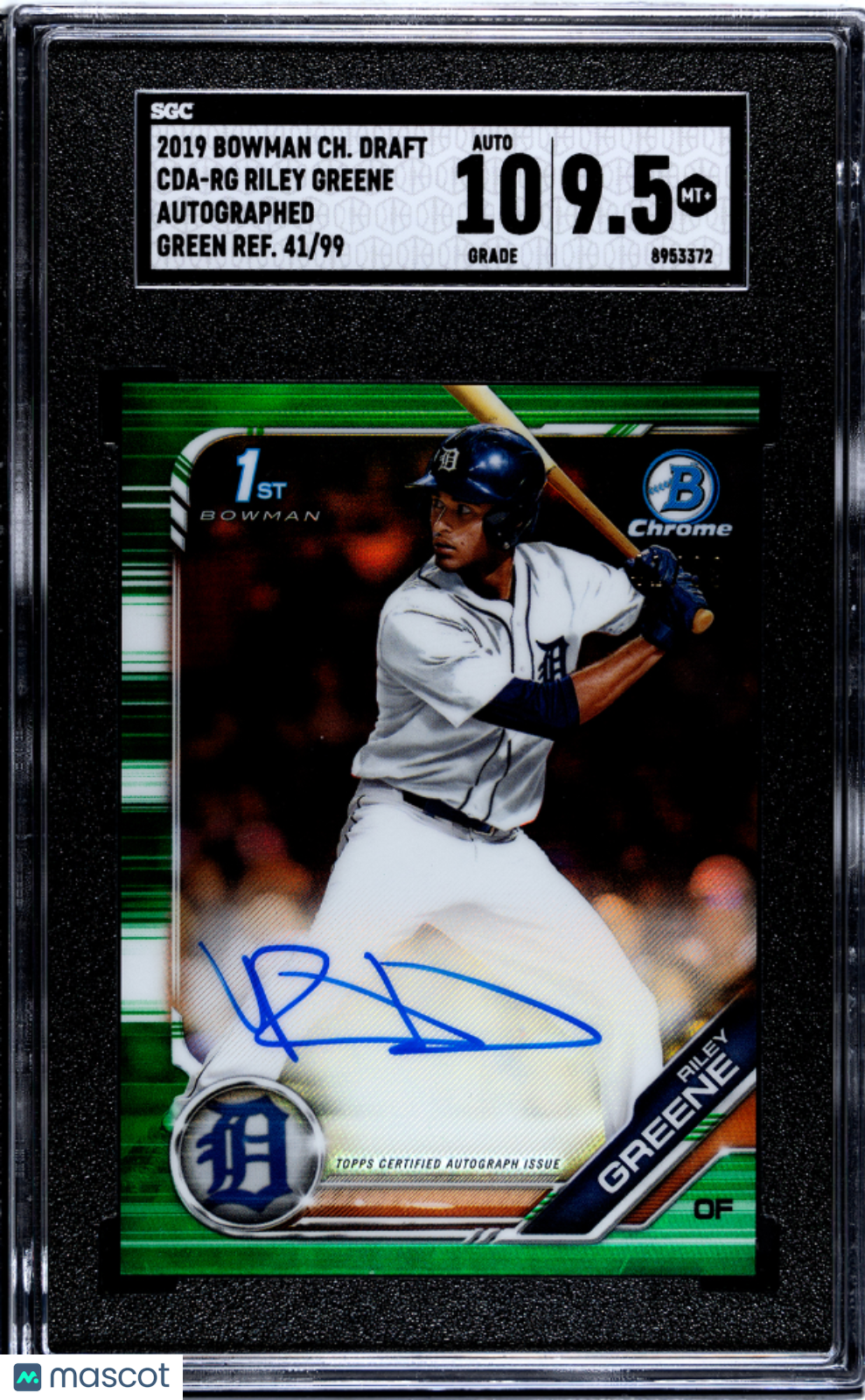 2019 Bowman Chrome Draft Riley Greene #Cda-Rg Green Refractor Sgc 9.5 Auto 10