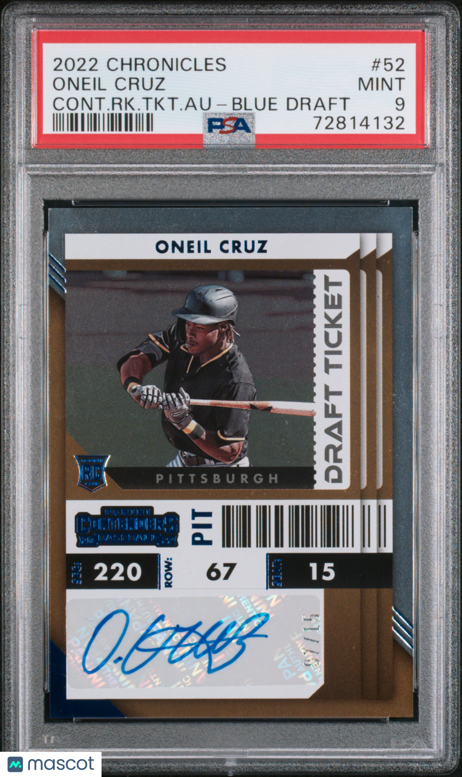 2022 Panini Contenders Rc Ticket Auto Oneil Cruz #52 Blue Draft PSA /15