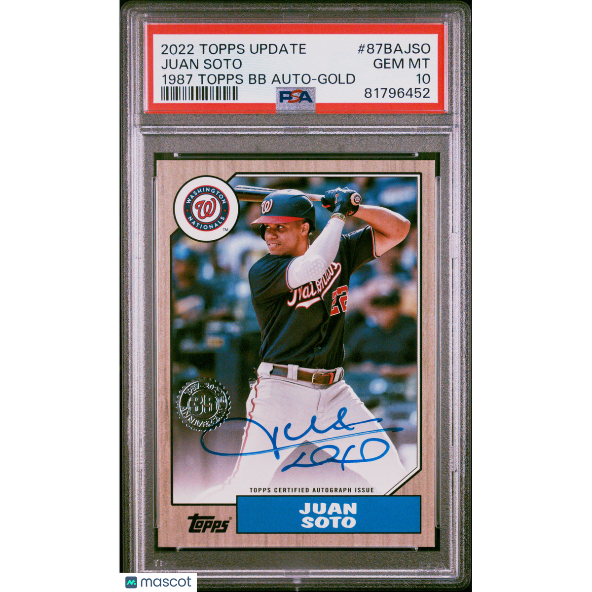 2022 Topps Update 1987 Topps Baseball Auto Juan Soto #87Bajso Bb Gold PSA 10