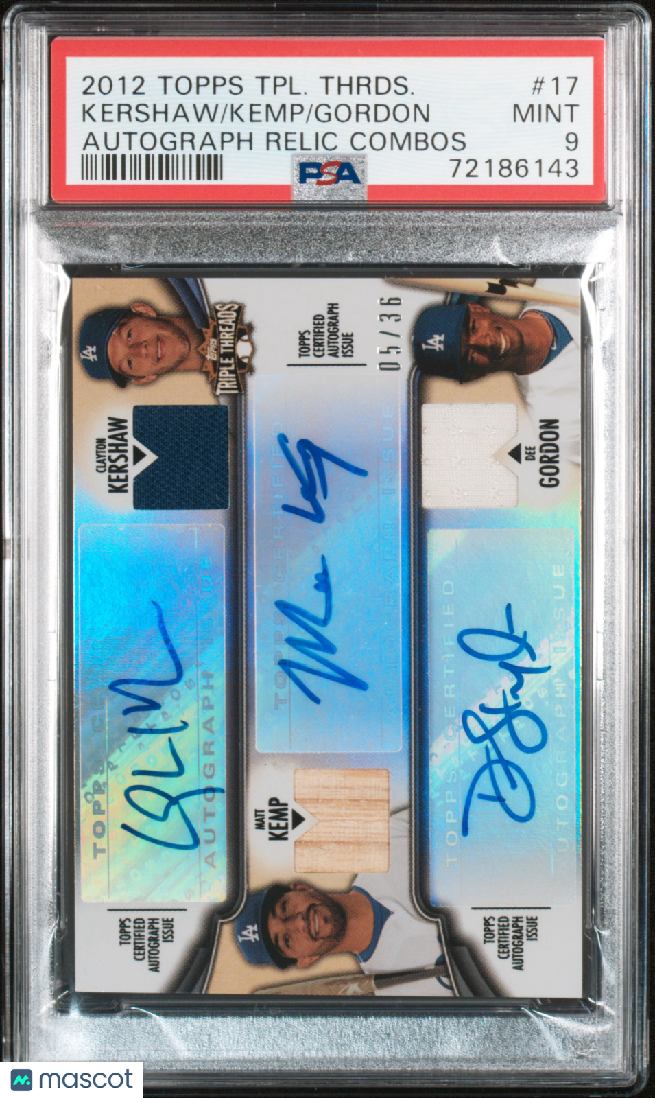 2012 Topps Triple Threads Autograph Relic Gordon Kemp Kershaw #17 /36 PSA 9