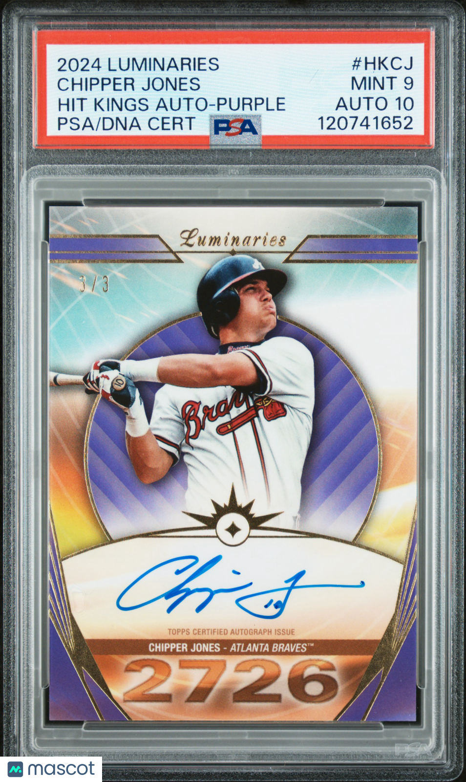 2024 Topps Luminaries Hit Kings Auto Chipper Jones #Hkcj 3 / 3 PSA 9 Auto 10