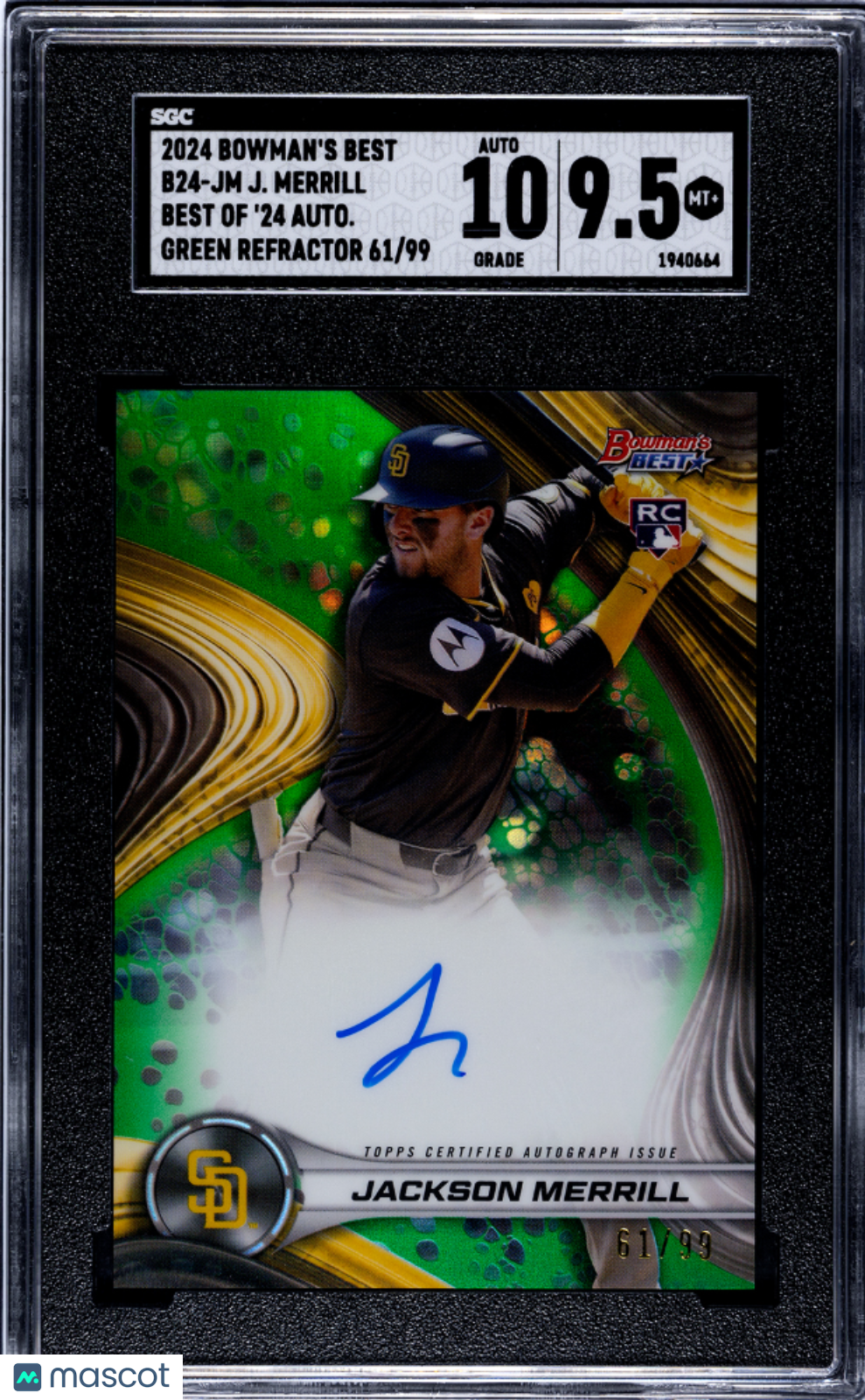 2024 Bowman's Best Jackson Merrill #B24-Jm Green Refractor Sgc 9.5 Auto 10