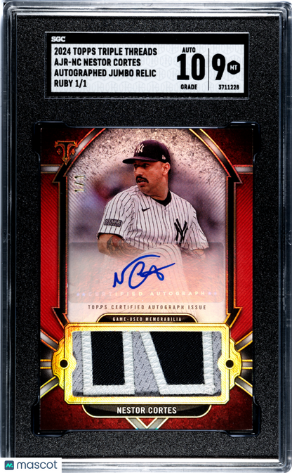 2024 Topps Triple Nestor Cortes #Ajr-Nc Auto Jumbo Relic Ruby 1 1 Sgc 9 Auto 10