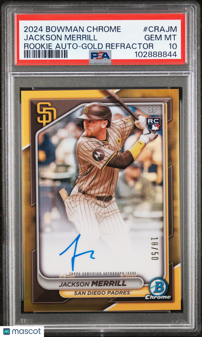 2024 Bowman Chrome Rookie Auto Jackson Merrill #Crajm Gold Refractor PSA 10