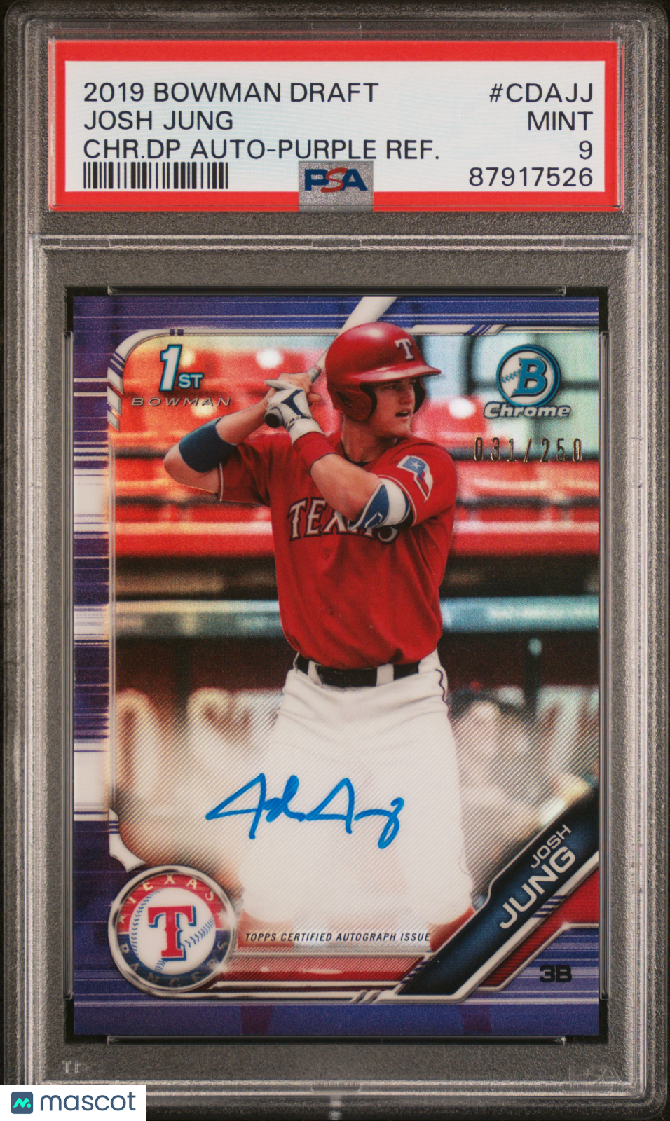 2019 Bowman Draft Chrome Auto Josh Jung #Cdajj Chr. Dp Purple 031/250 PSA 9
